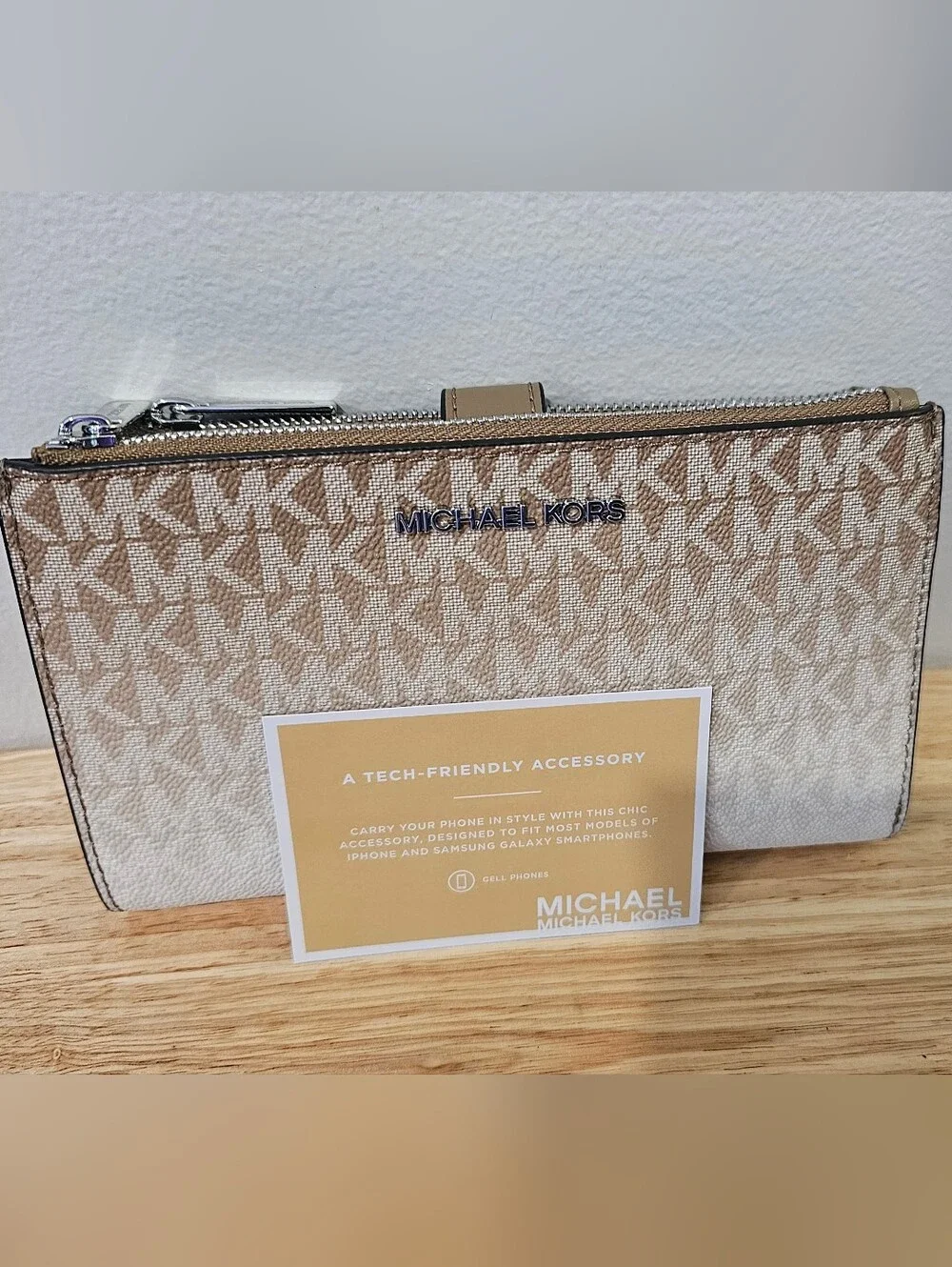 NWT Michael Kors Beige Logo Wristlet Wallet with Brown Trim